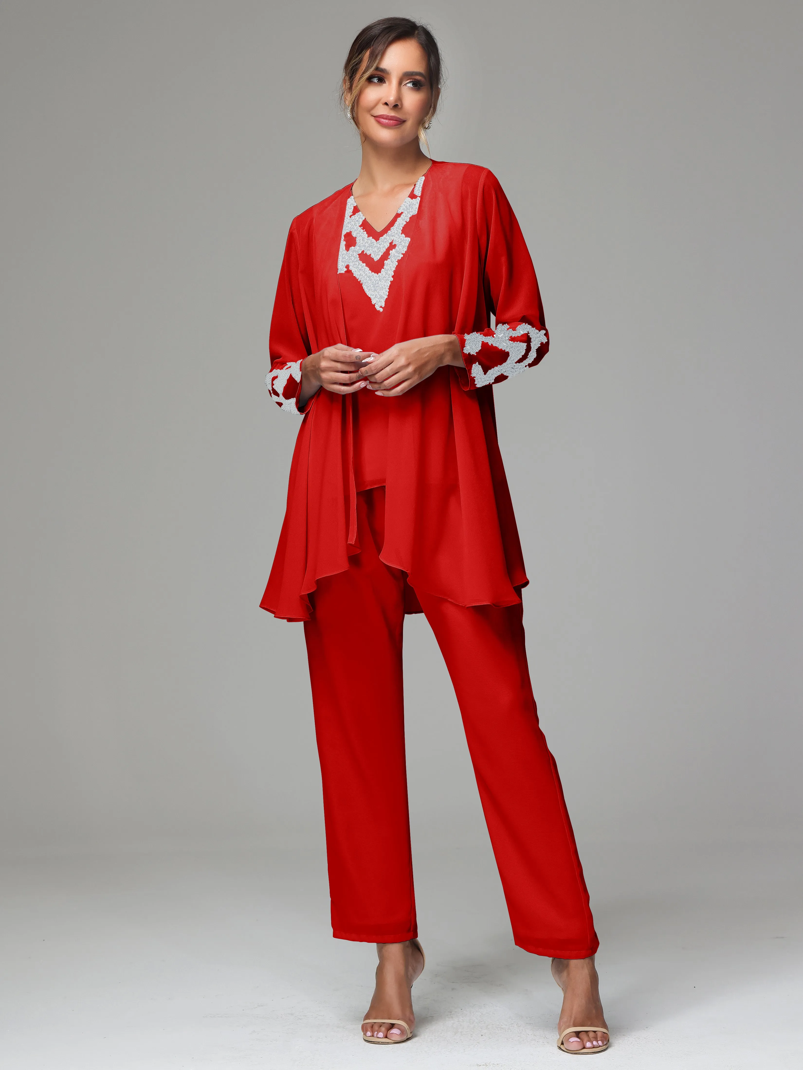 3 Pieces Long Sleeves Chiffon Lace Mother Of The Bride Dress Pants Suits with Silver Sequins