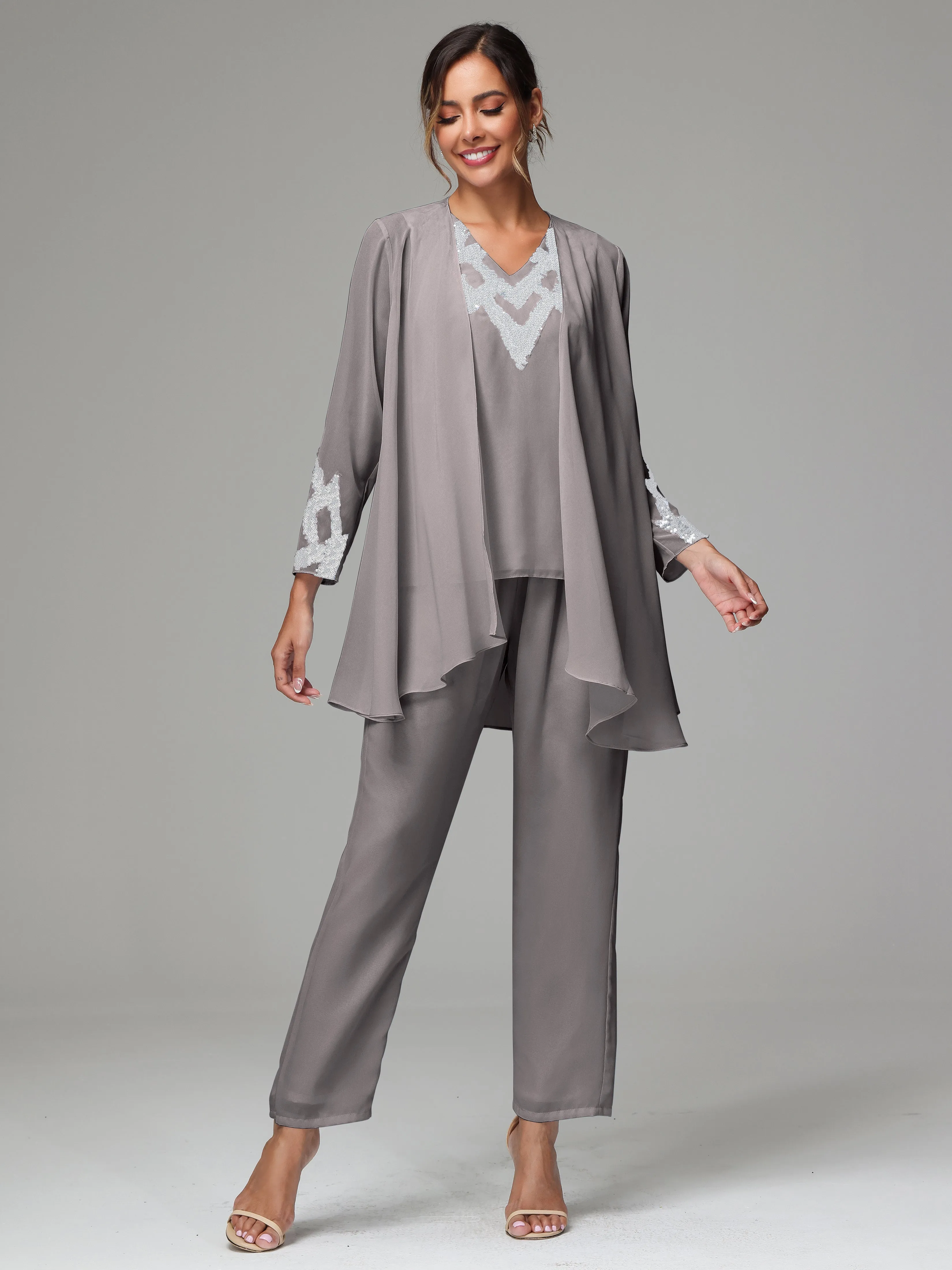 3 Pieces Long Sleeves Chiffon Lace Mother Of The Bride Dress Pants Suits with Silver Sequins