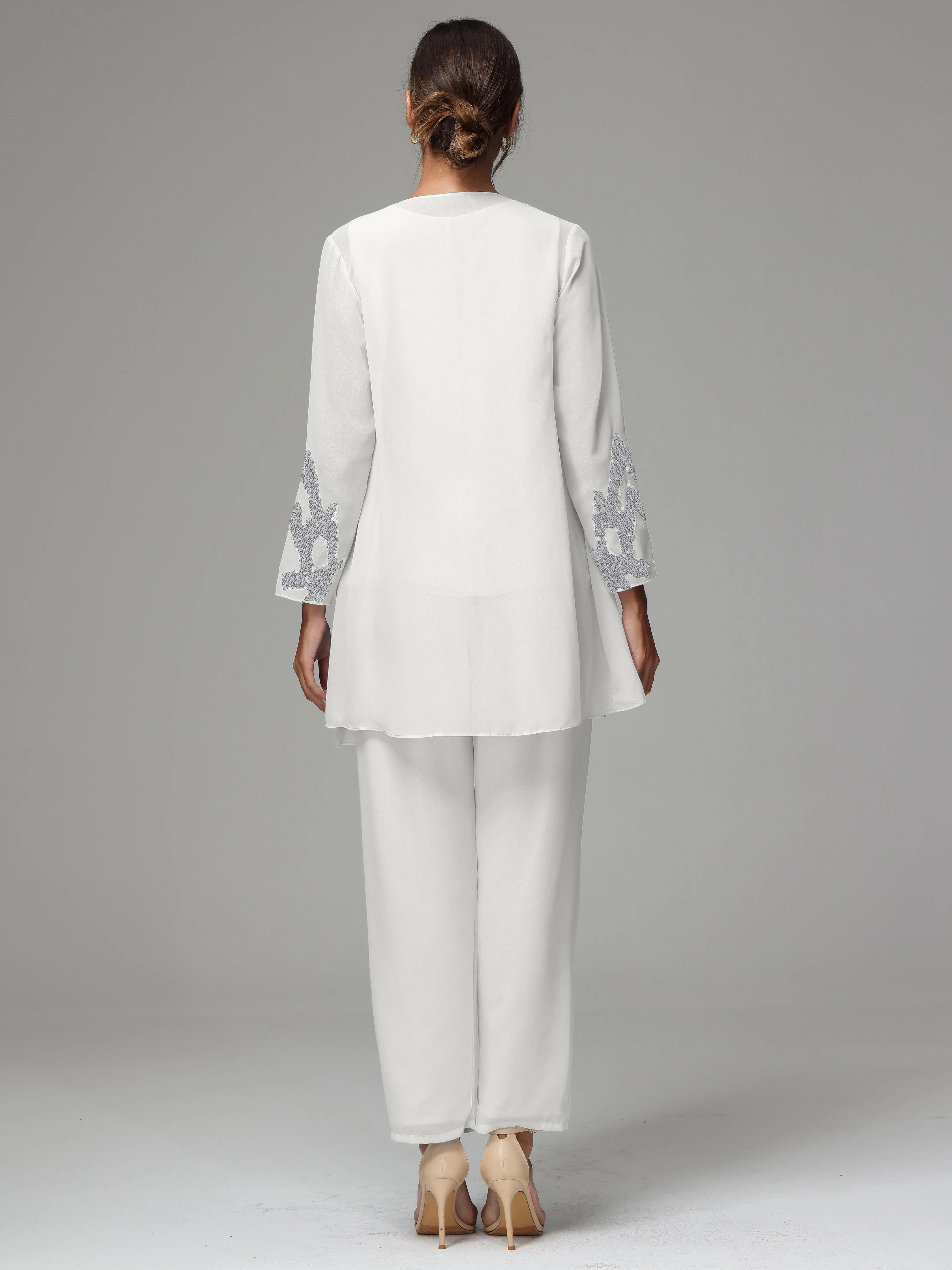 3 Pieces Long Sleeves Chiffon Lace Mother Of The Bride Dress Pants Suits with Silver Sequins