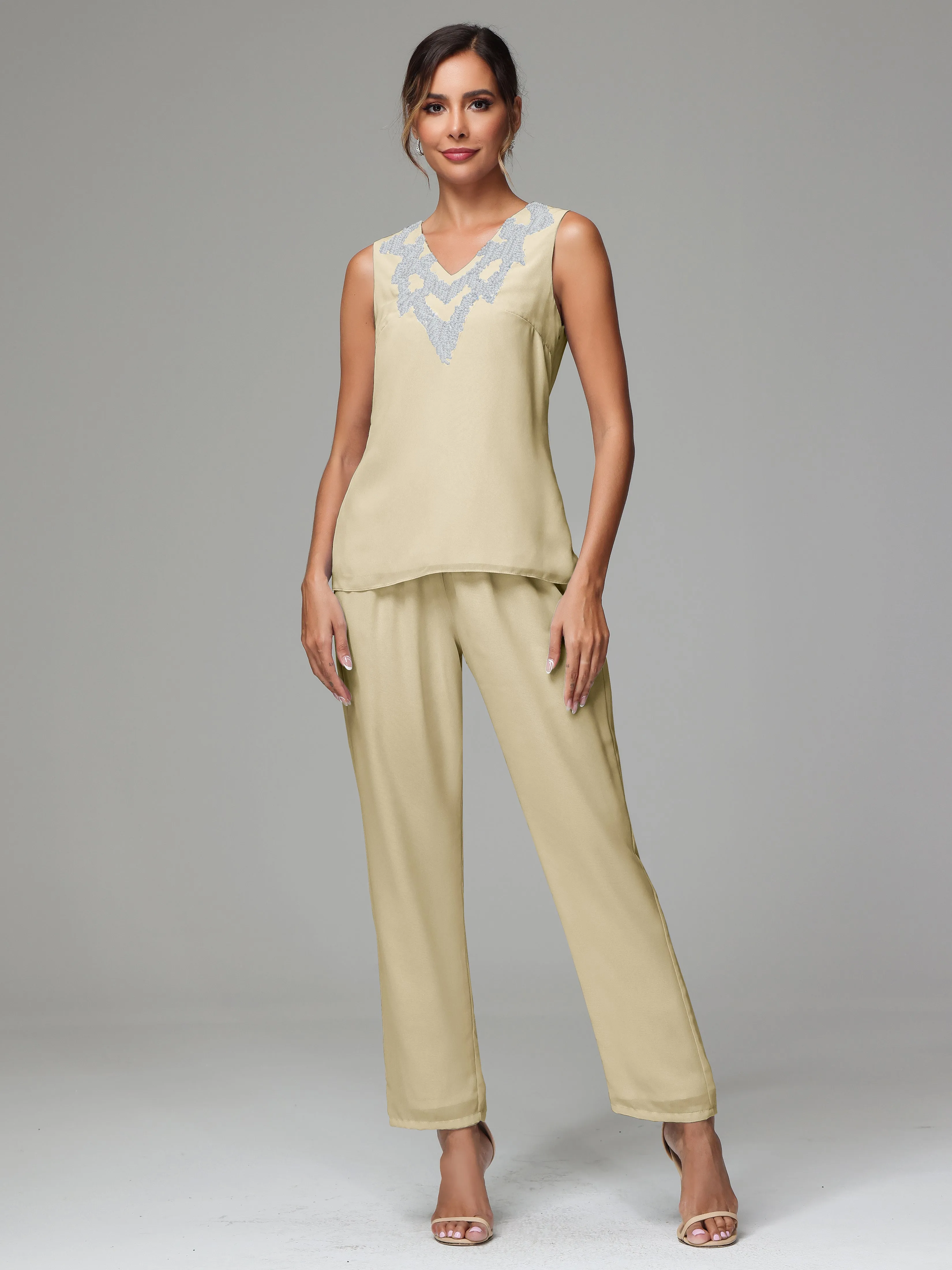 3 Pieces Long Sleeves Chiffon Lace Mother Of The Bride Dress Pants Suits with Silver Sequins