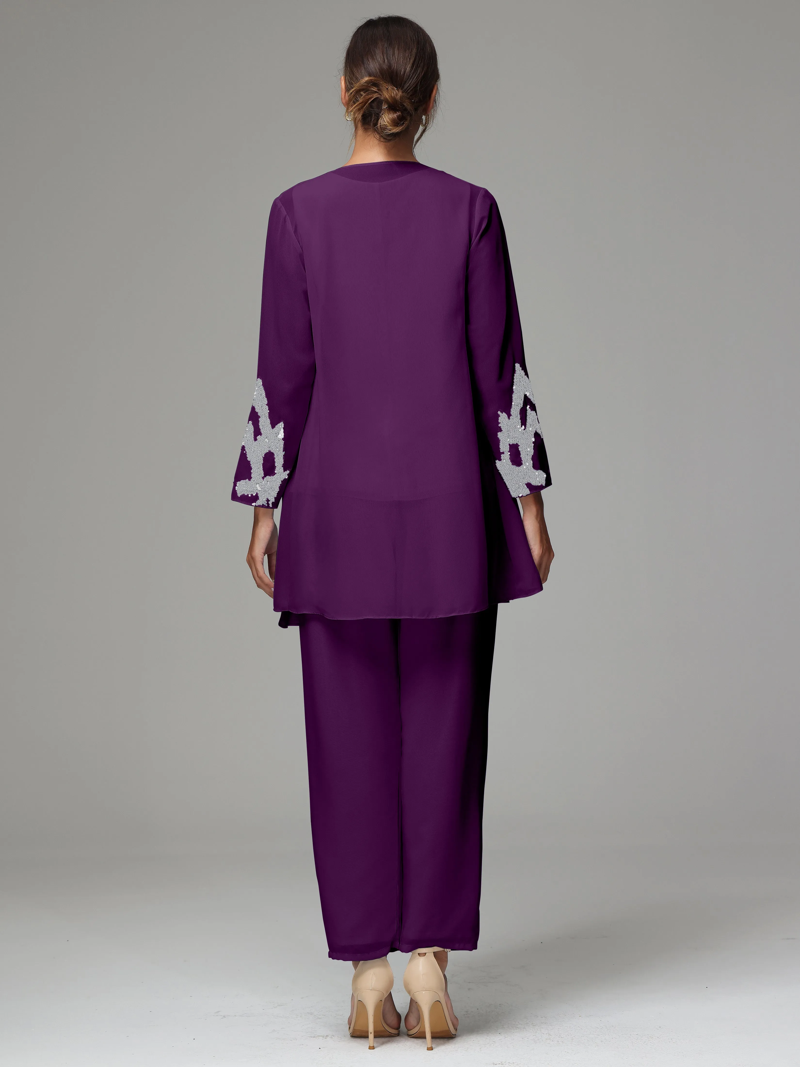 3 Pieces Long Sleeves Chiffon Lace Mother Of The Bride Dress Pants Suits with Silver Sequins