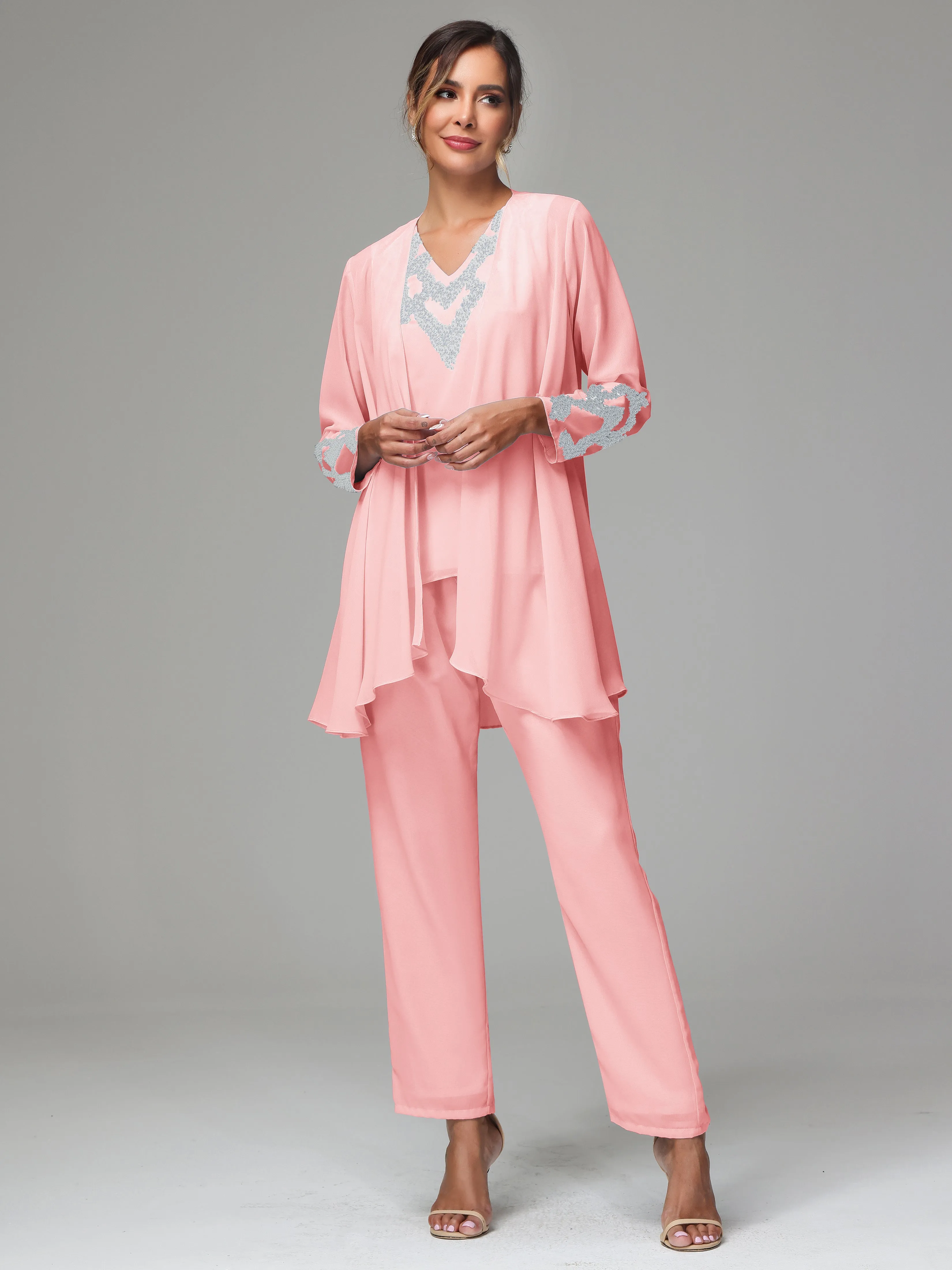 3 Pieces Long Sleeves Chiffon Lace Mother Of The Bride Dress Pants Suits with Silver Sequins