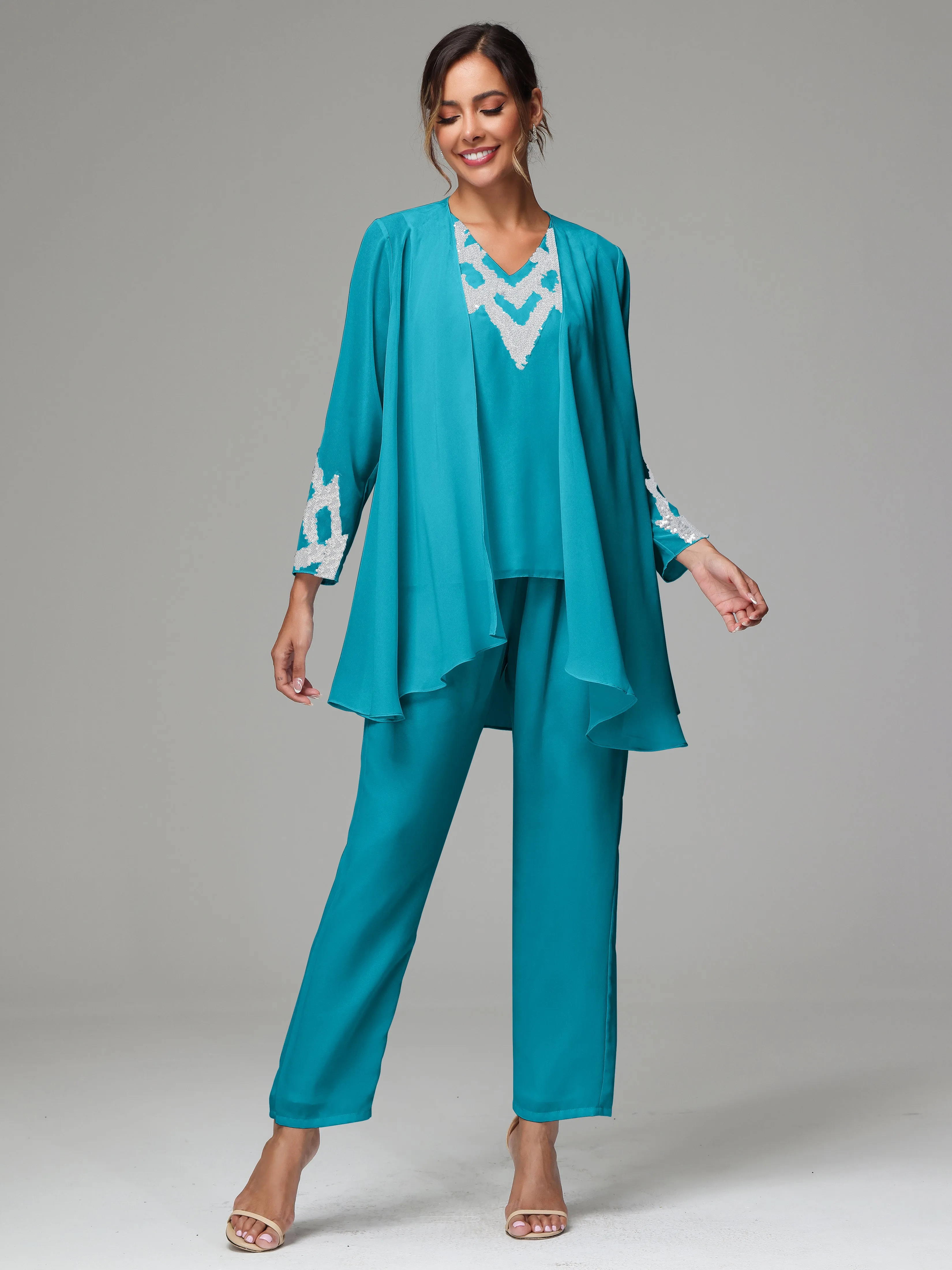 3 Pieces Long Sleeves Chiffon Lace Mother Of The Bride Dress Pants Suits with Silver Sequins