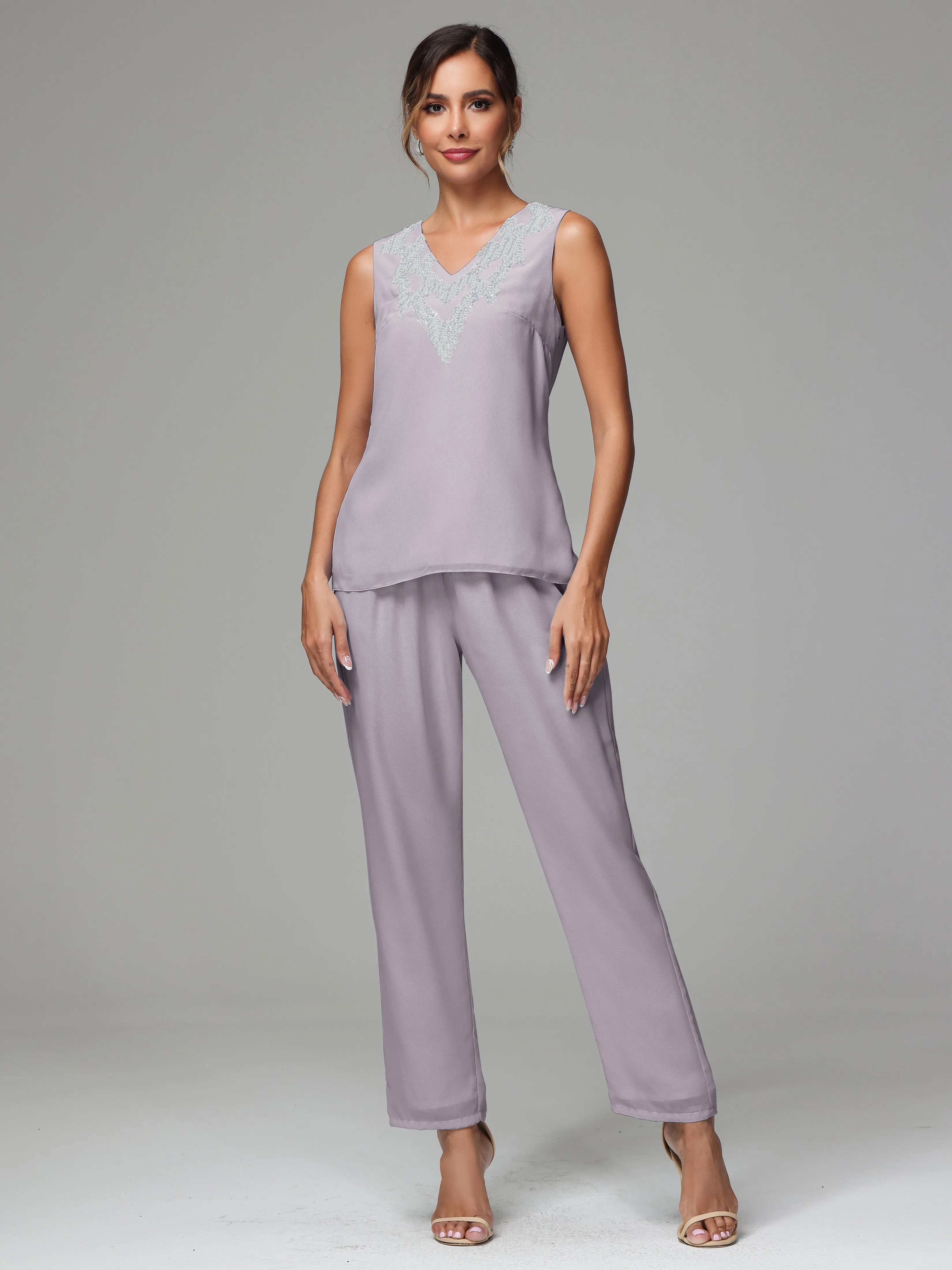 3 Pieces Long Sleeves Chiffon Lace Mother Of The Bride Dress Pants Suits with Silver Sequins