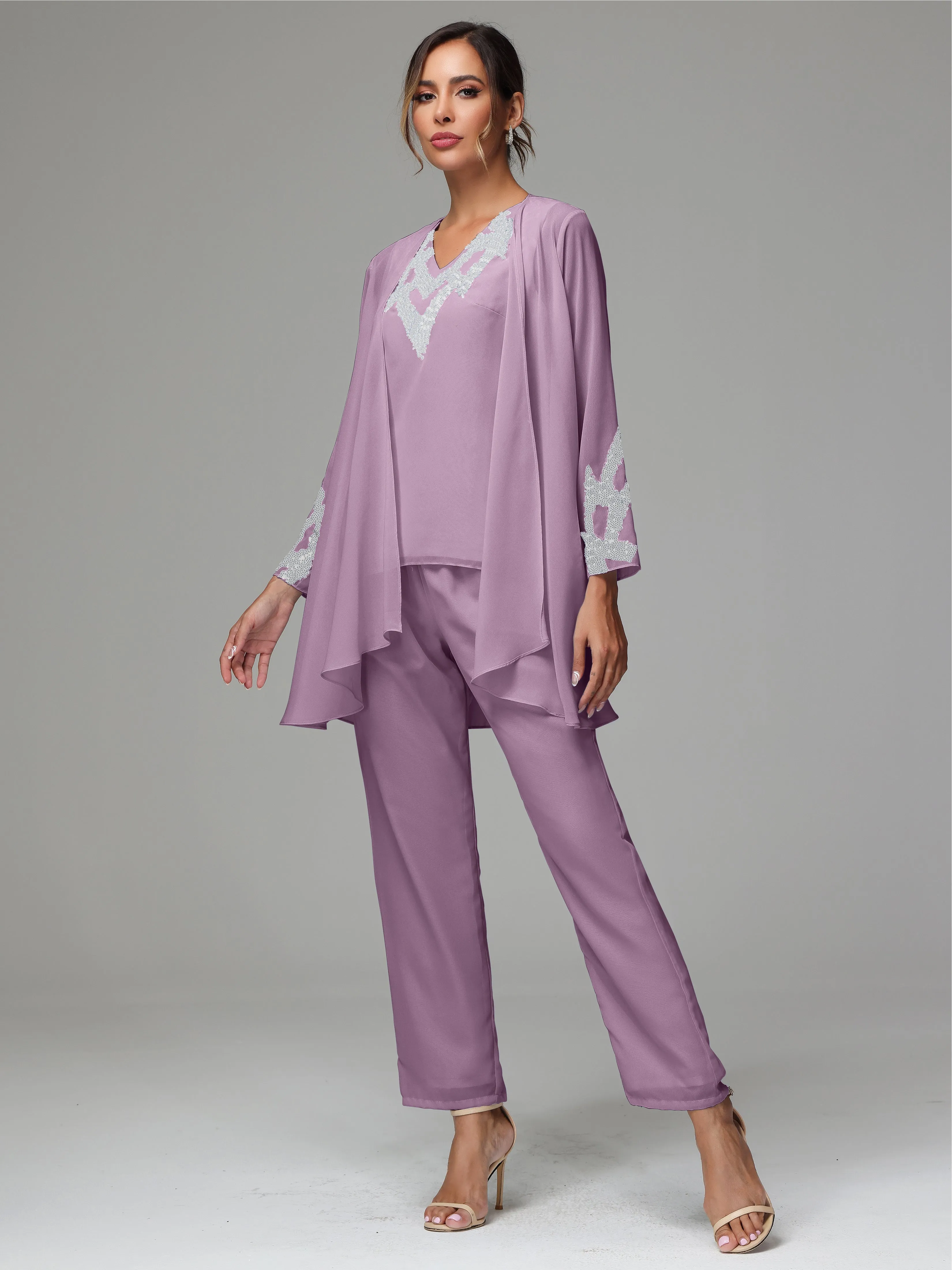 3 Pieces Long Sleeves Chiffon Lace Mother Of The Bride Dress Pants Suits with Silver Sequins