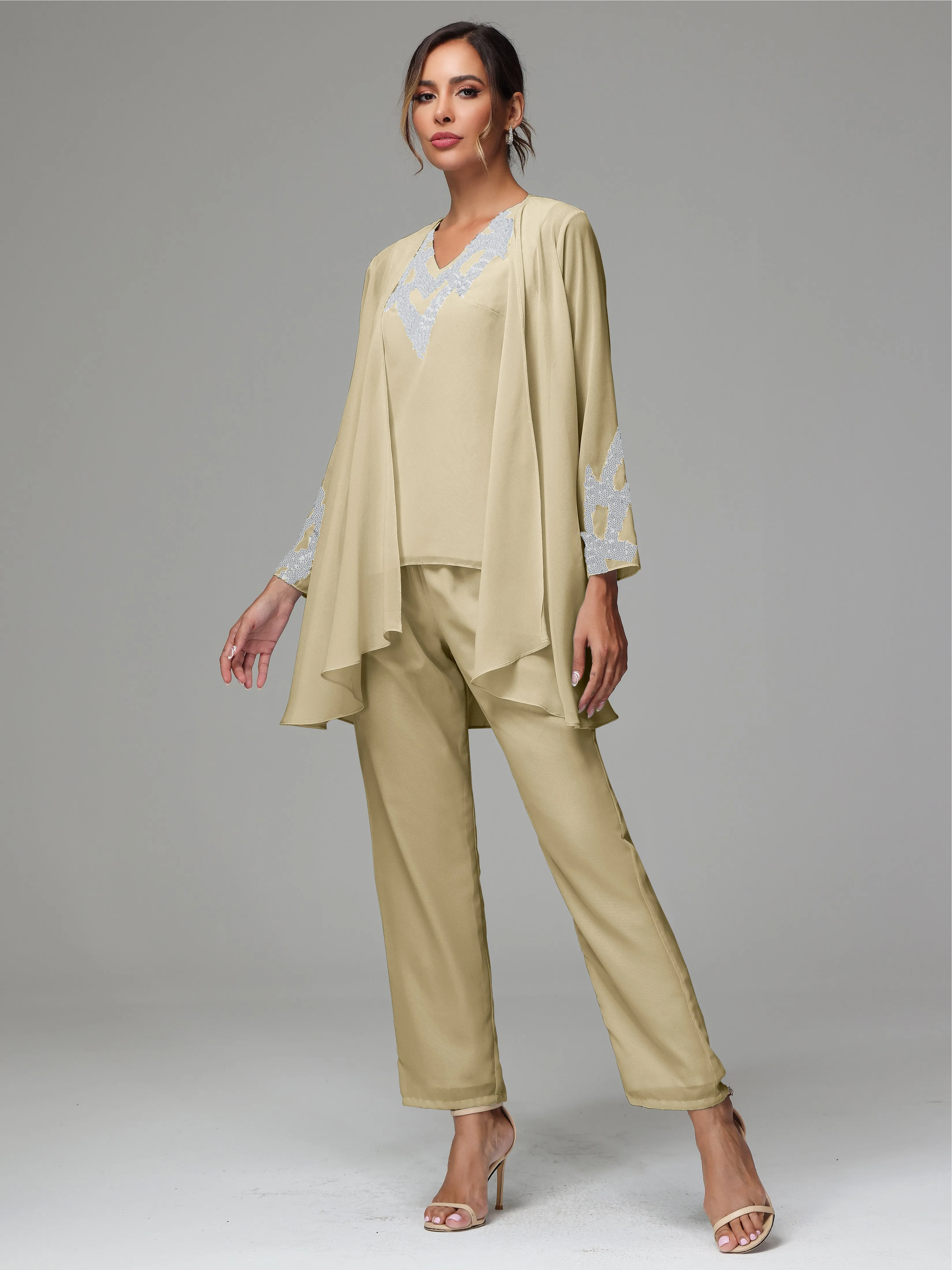 3 Pieces Long Sleeves Chiffon Lace Mother Of The Bride Dress Pants Suits with Silver Sequins