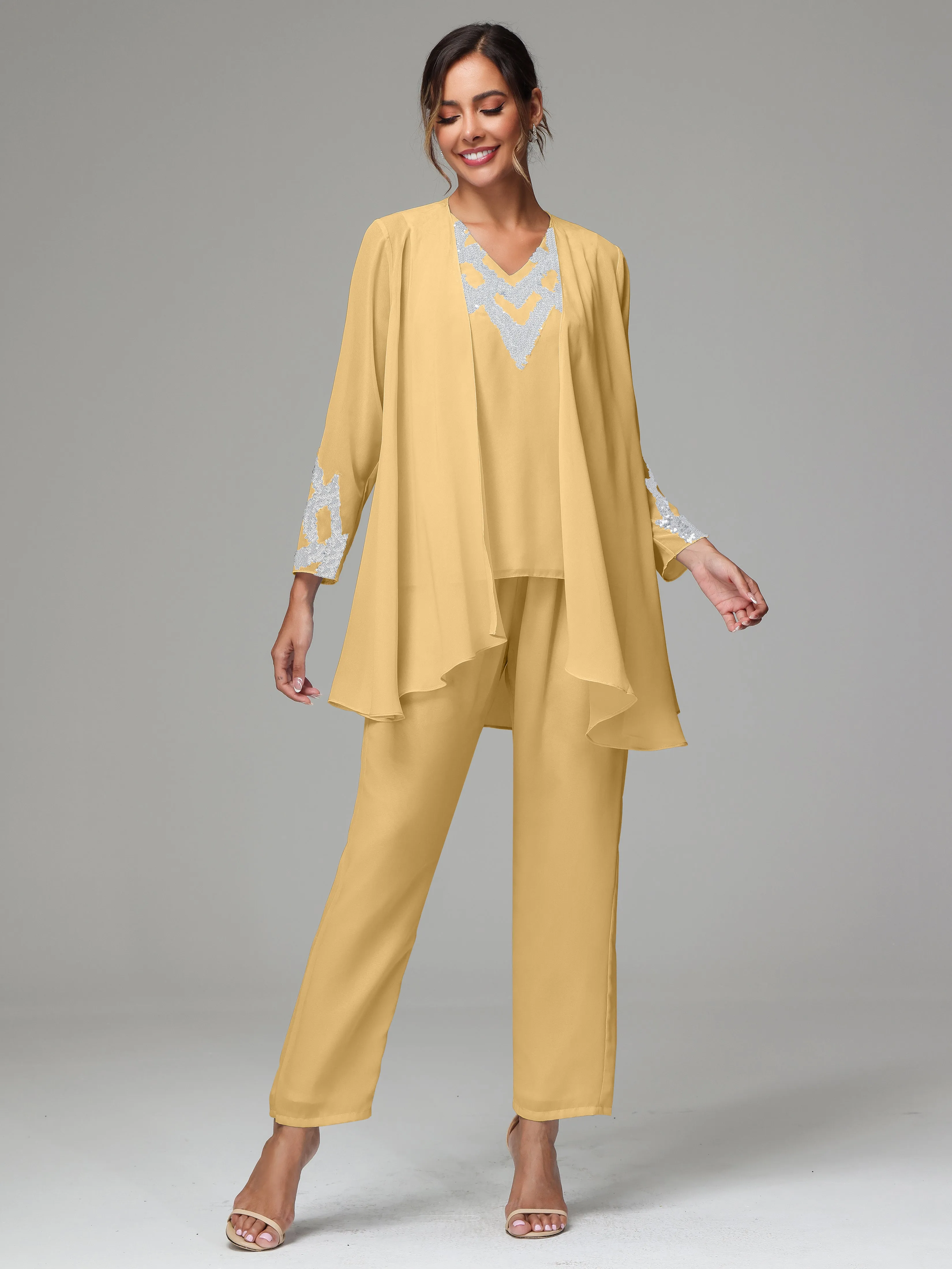 3 Pieces Long Sleeves Chiffon Lace Mother Of The Bride Dress Pants Suits with Silver Sequins