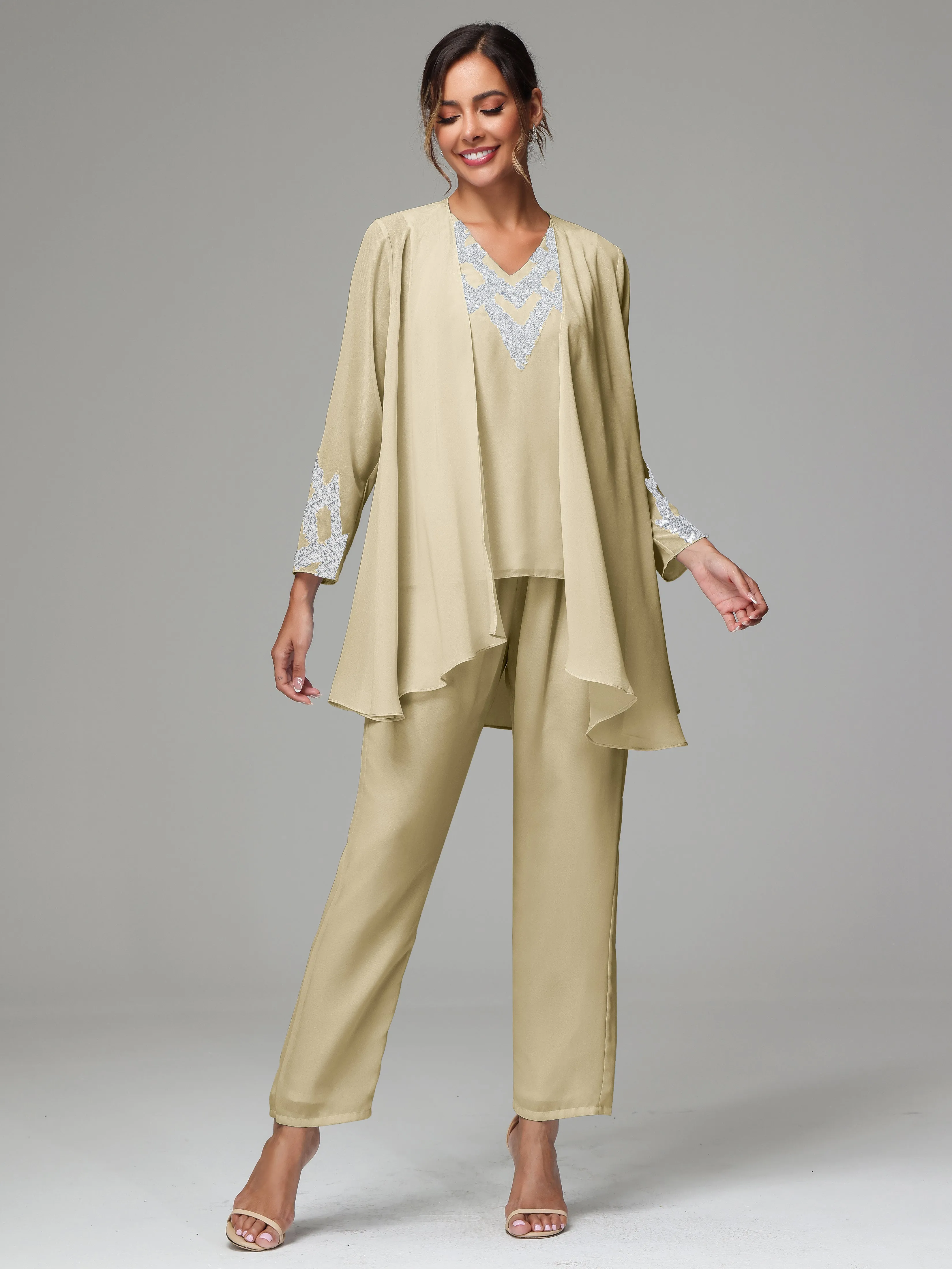 3 Pieces Long Sleeves Chiffon Lace Mother Of The Bride Dress Pants Suits with Silver Sequins