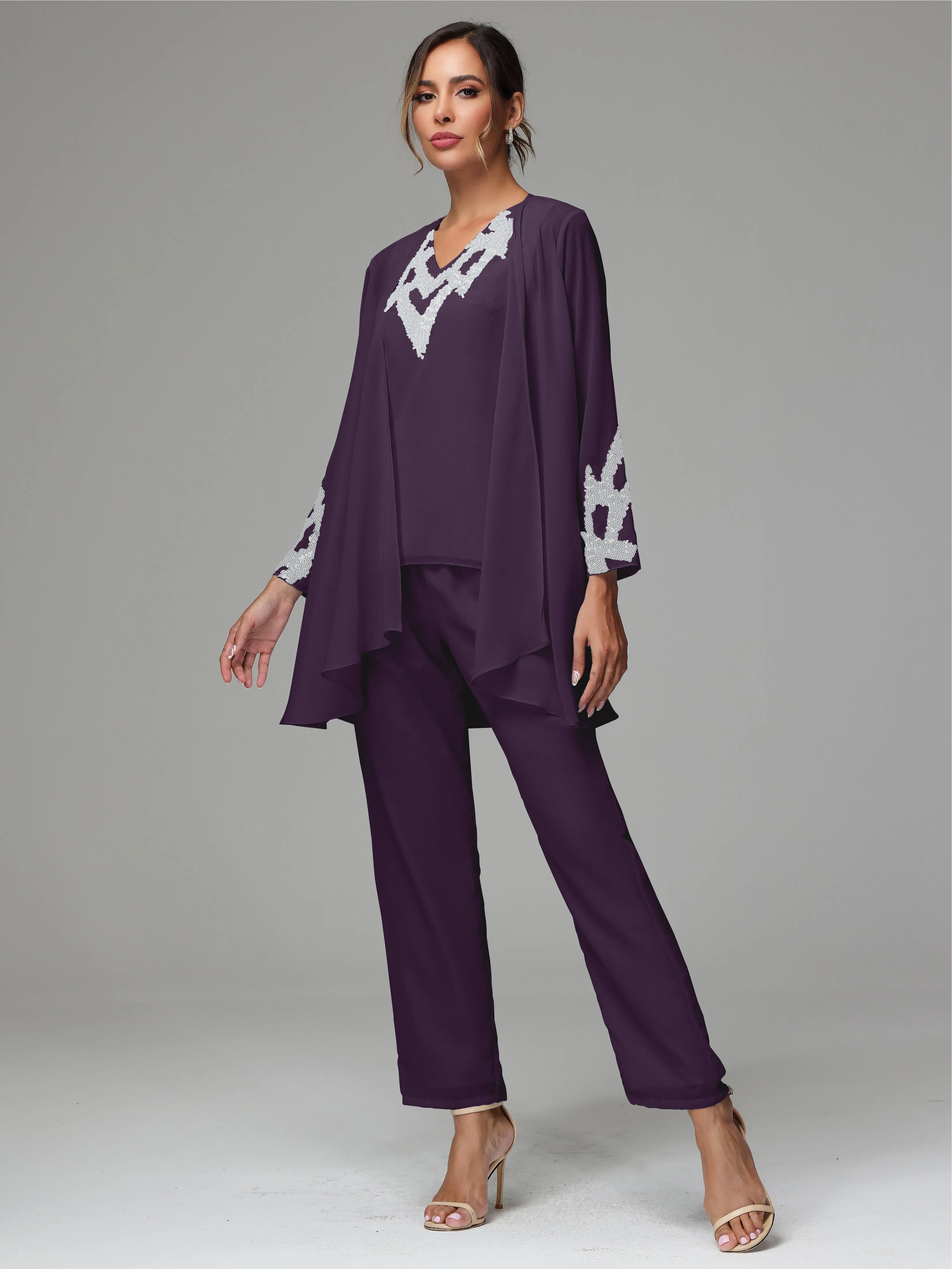 3 Pieces Long Sleeves Chiffon Lace Mother Of The Bride Dress Pants Suits with Silver Sequins