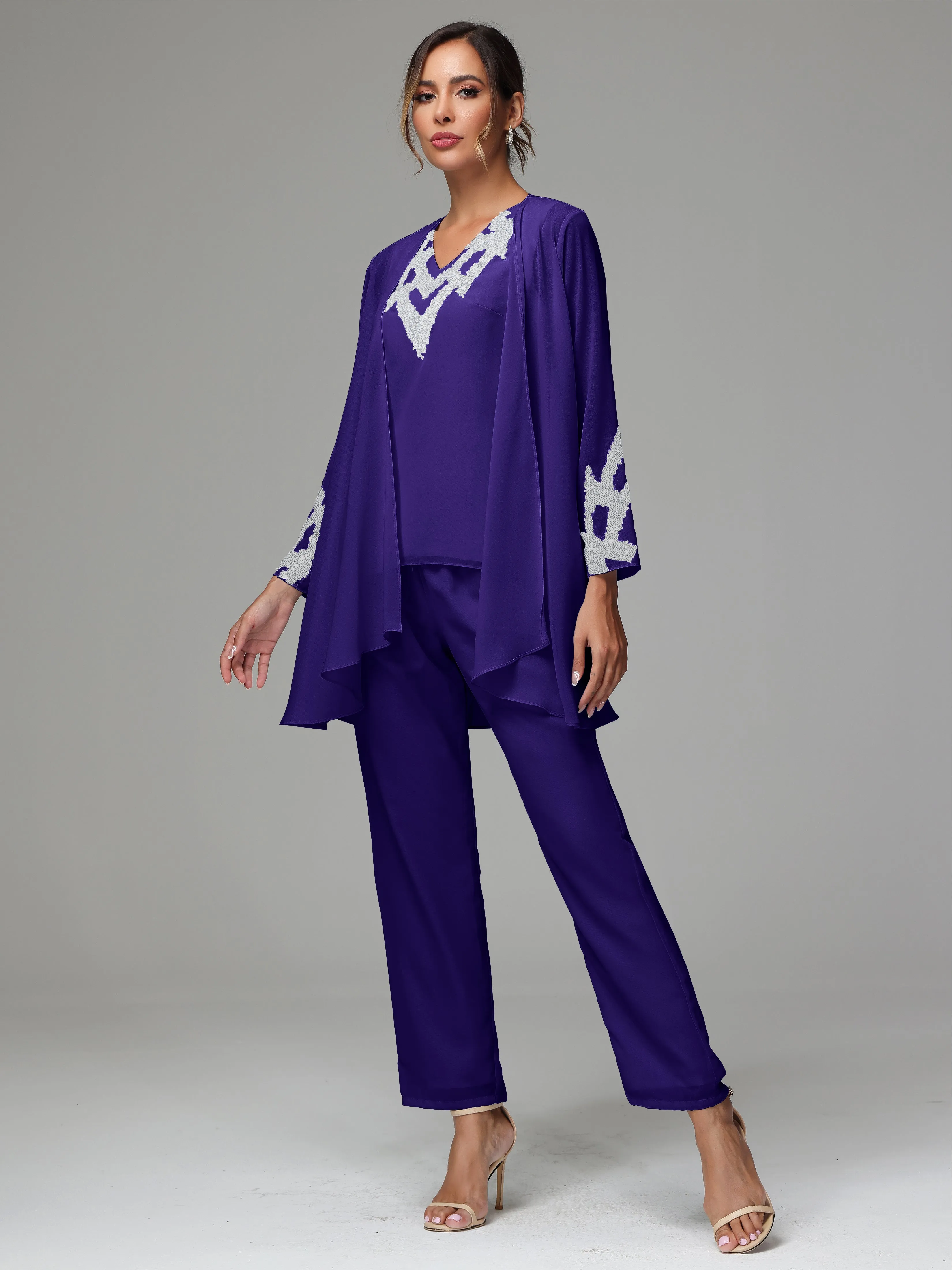 3 Pieces Long Sleeves Chiffon Lace Mother Of The Bride Dress Pants Suits with Silver Sequins