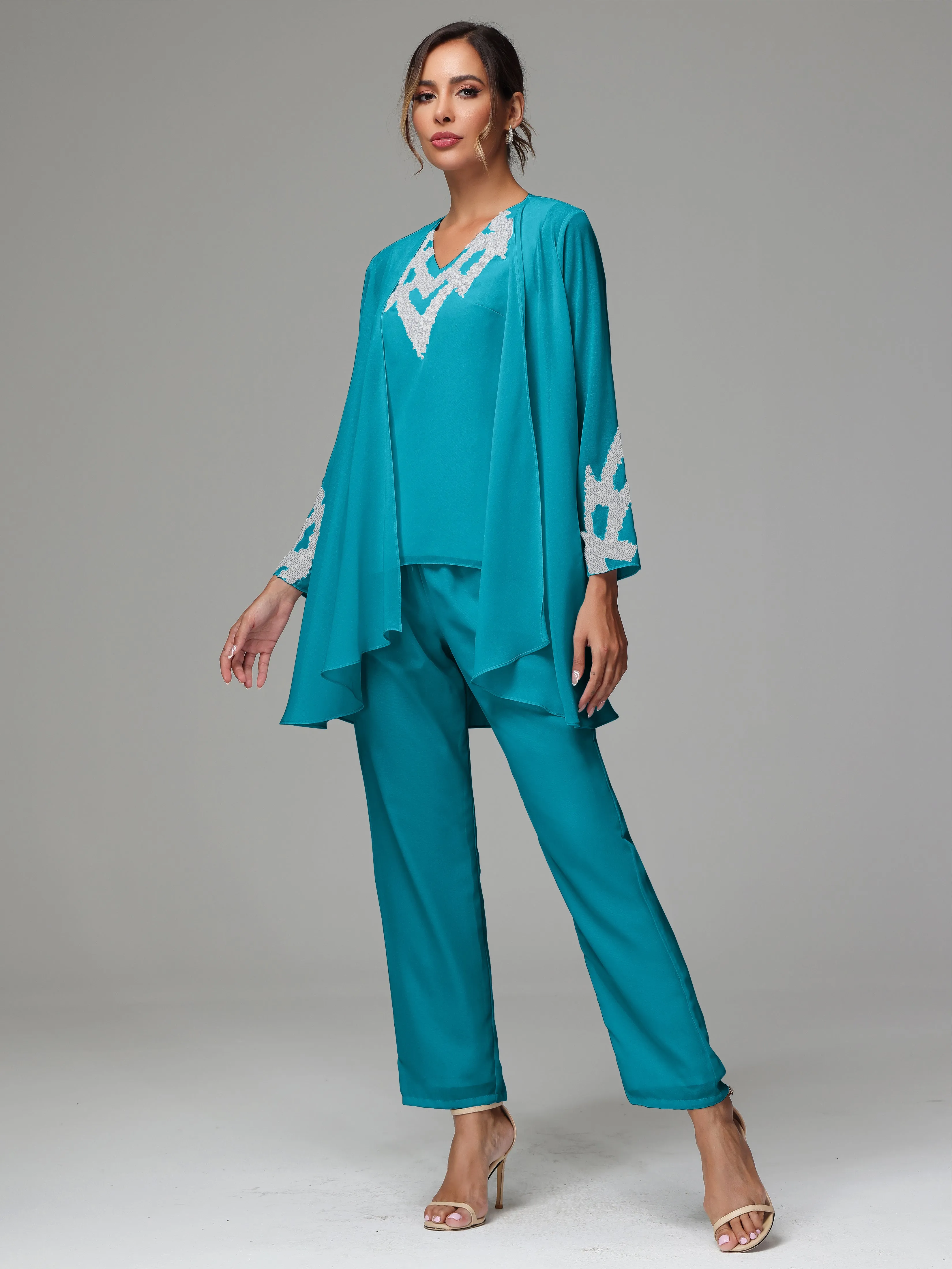 3 Pieces Long Sleeves Chiffon Lace Mother Of The Bride Dress Pants Suits with Silver Sequins