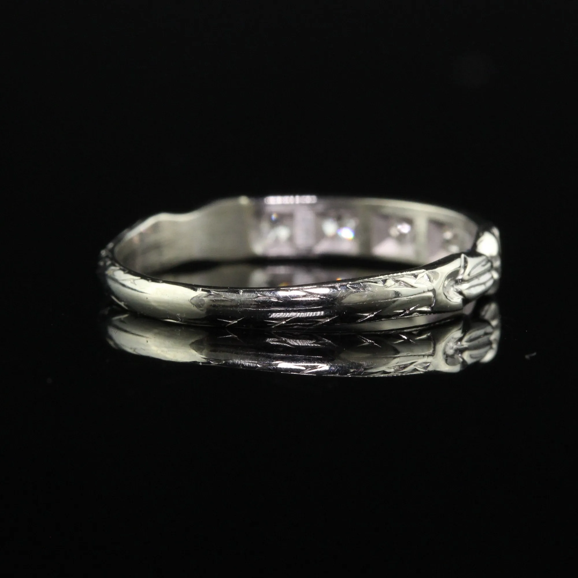 Antique Art Deco 18K White Gold Single Cut Diamond Wedding Band - Size 4 1/2