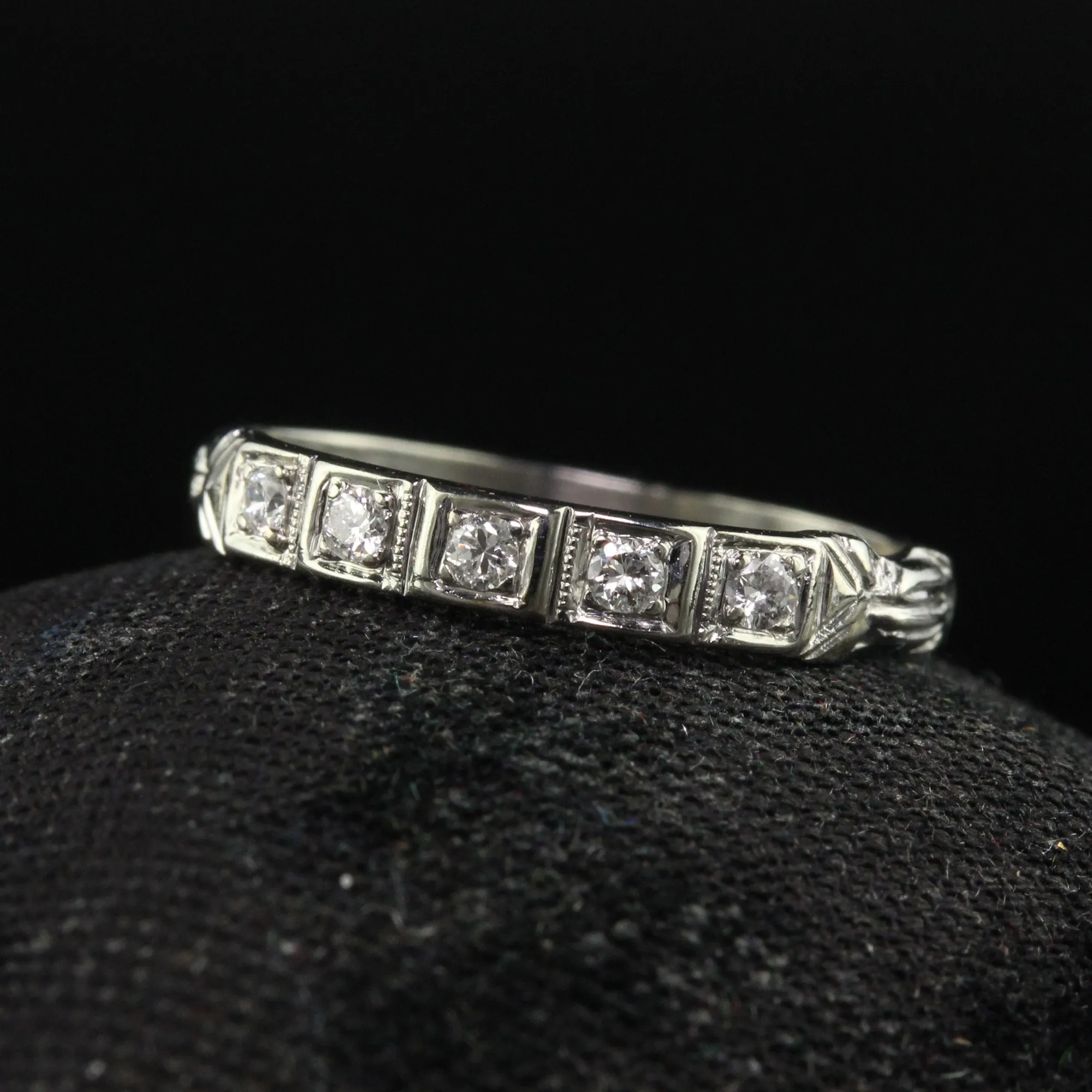 Antique Art Deco 18K White Gold Single Cut Diamond Wedding Band - Size 4 1/2