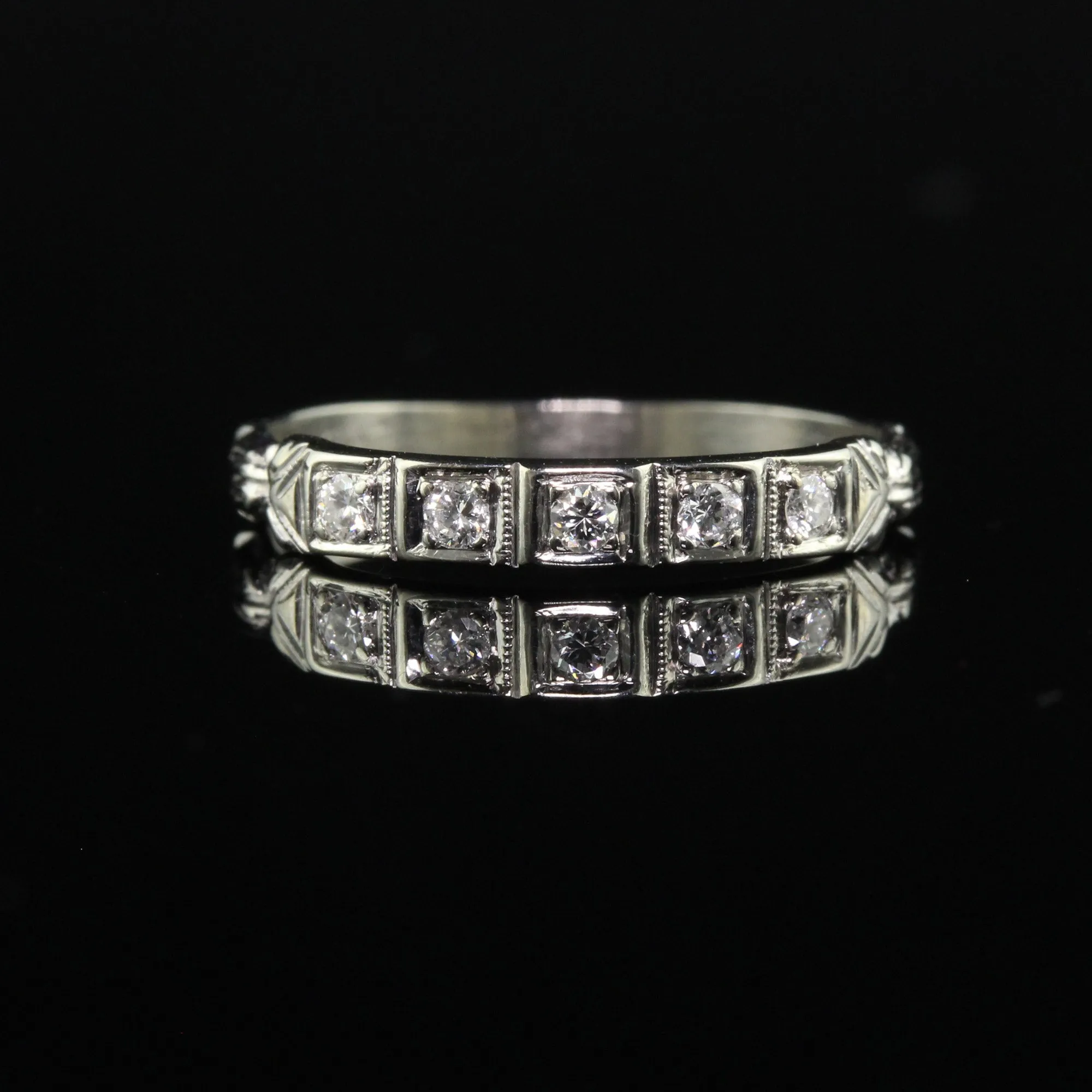 Antique Art Deco 18K White Gold Single Cut Diamond Wedding Band - Size 4 1/2