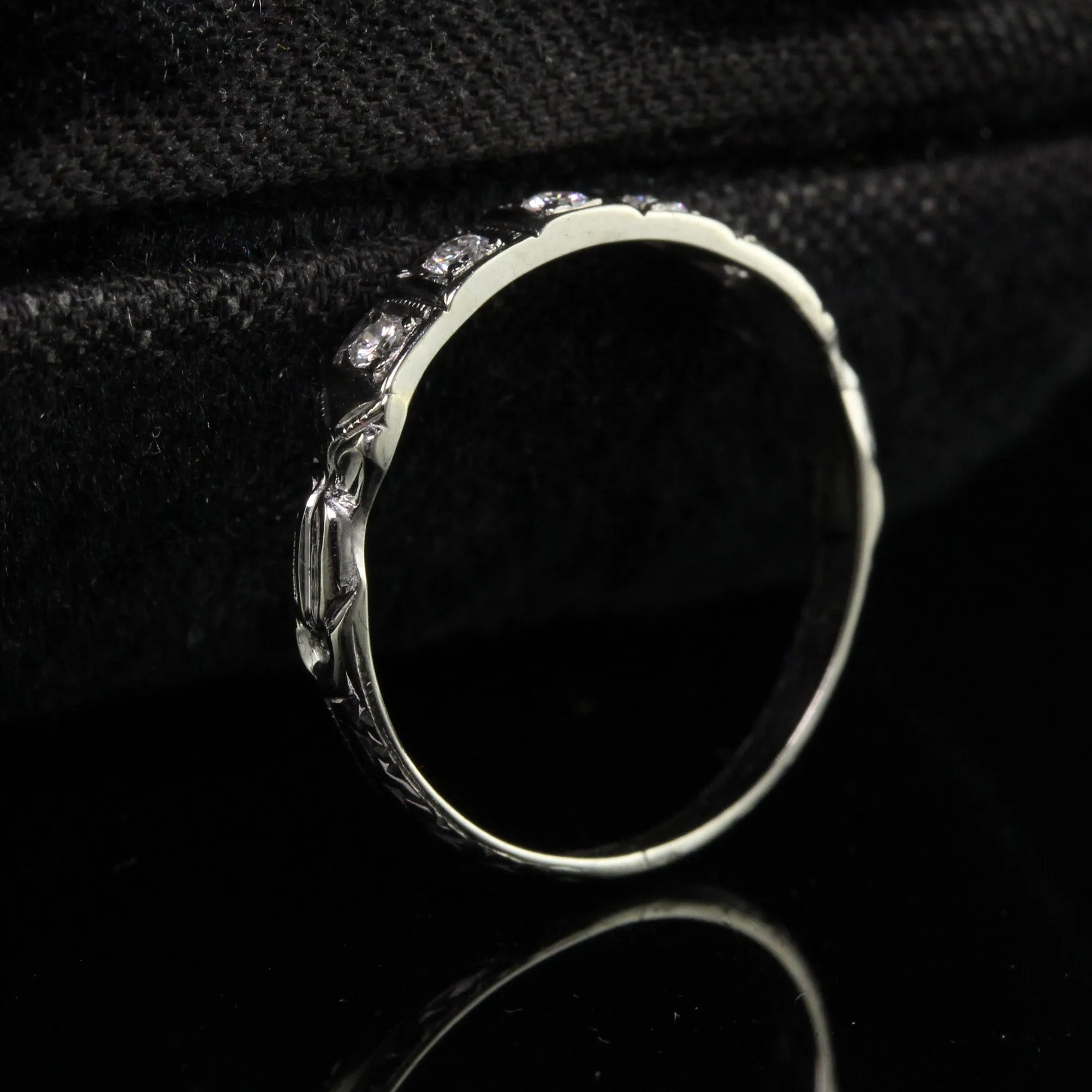 Antique Art Deco 18K White Gold Single Cut Diamond Wedding Band - Size 4 1/2