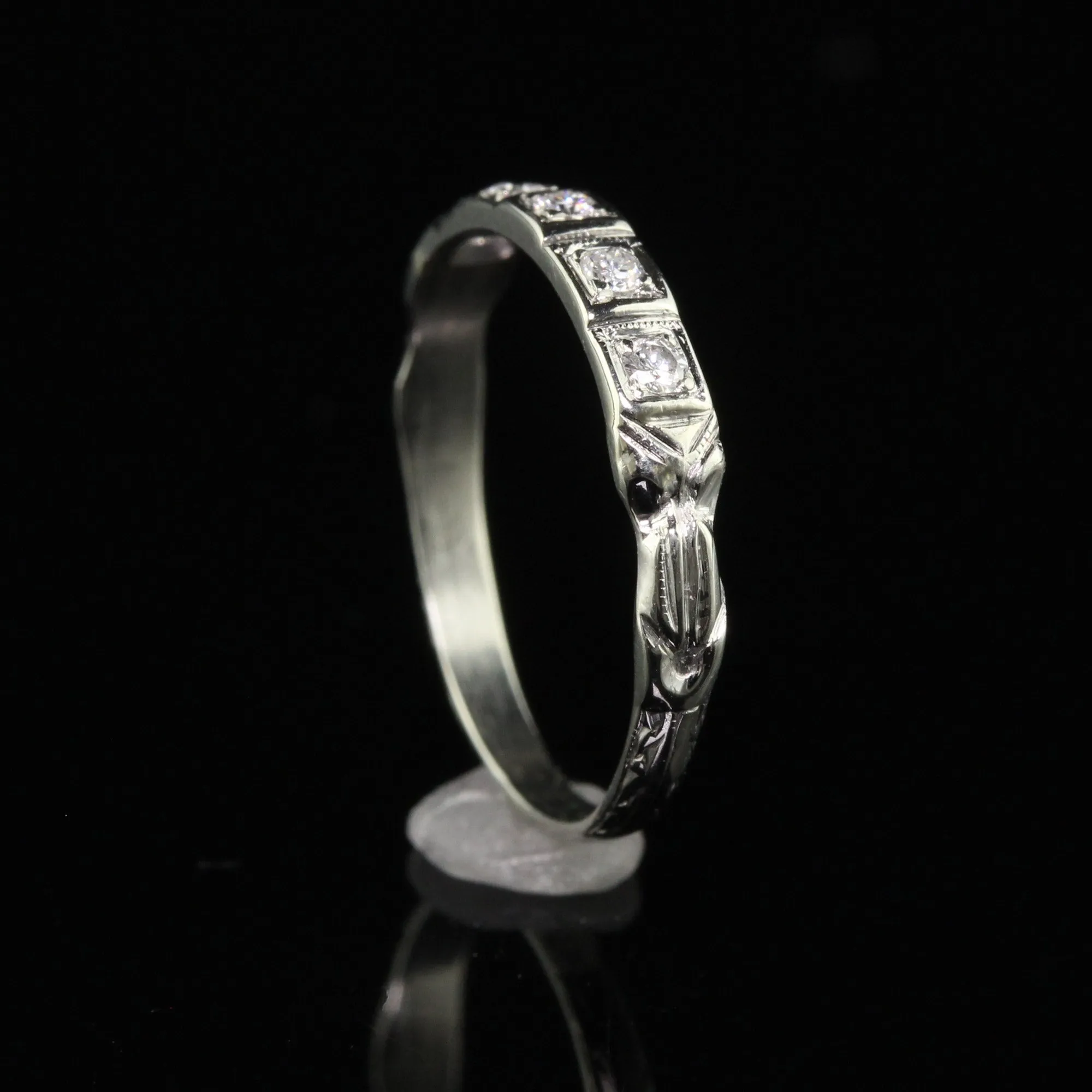Antique Art Deco 18K White Gold Single Cut Diamond Wedding Band - Size 4 1/2