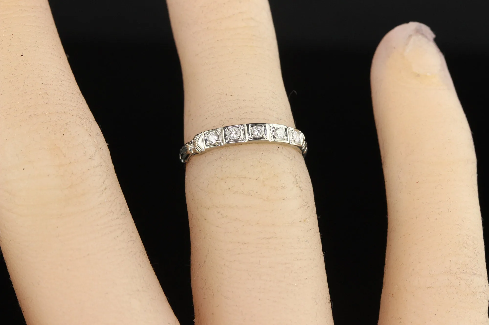 Antique Art Deco 18K White Gold Single Cut Diamond Wedding Band - Size 4 1/2