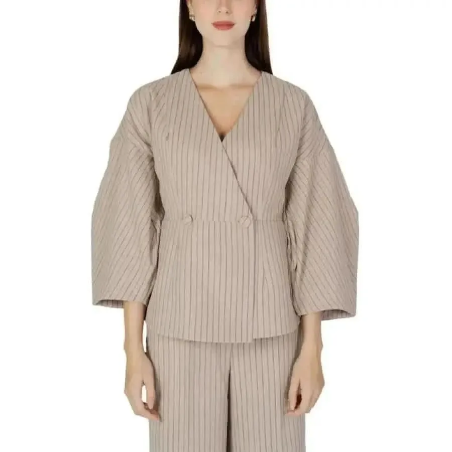 Aware Women Beige Pinstripe Long Blazer