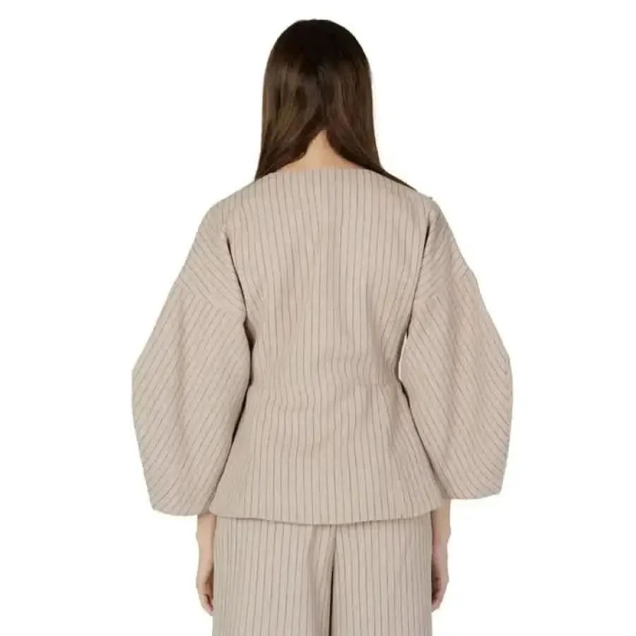 Aware Women Beige Pinstripe Long Blazer
