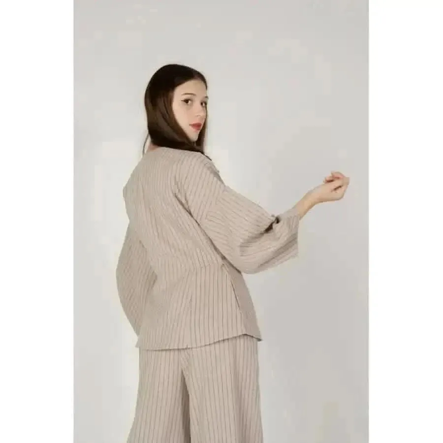 Aware Women Beige Pinstripe Long Blazer
