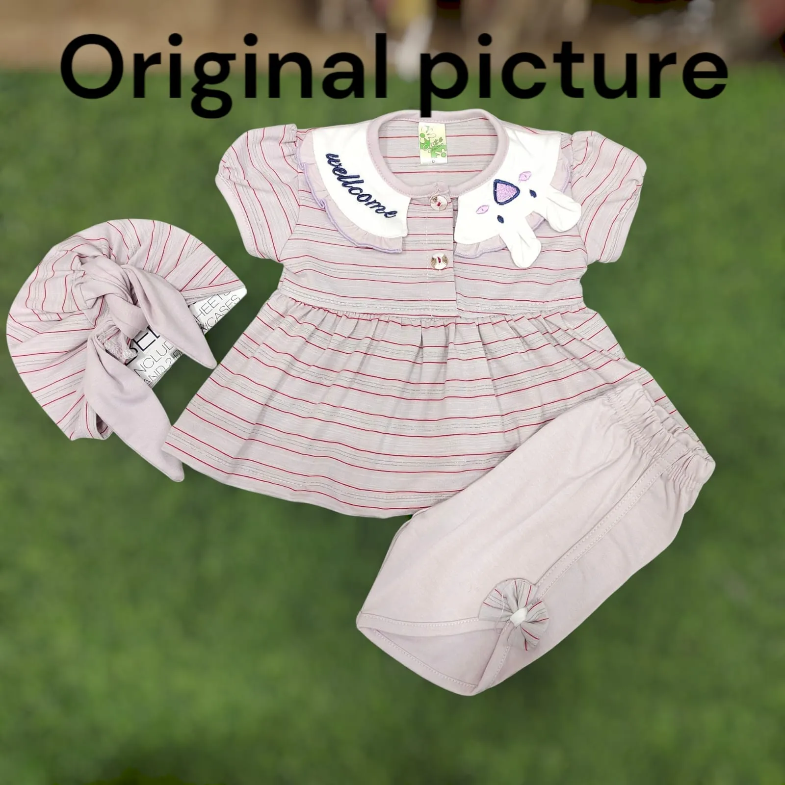 Baby Girl  Summer Striped Outfit – 3-Piece Set with Cute Collar, Pants & Matching Cap