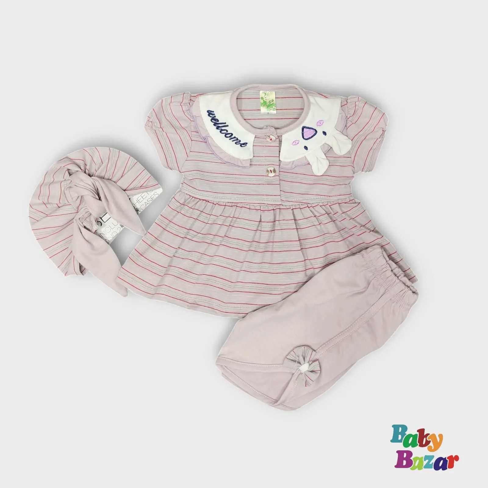 Baby Girl  Summer Striped Outfit – 3-Piece Set with Cute Collar, Pants & Matching Cap