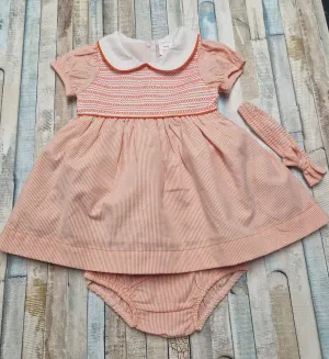 Baby Girls Peach And White Smocked Dress With Matching Pants And Headband