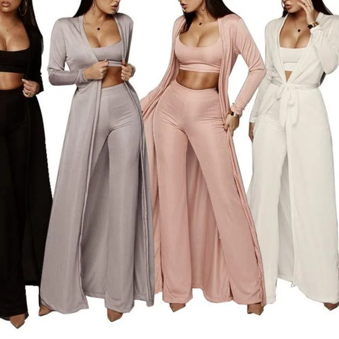 Bandage Long Sleeve Cardigan Coat Loose Wide Leg Pants