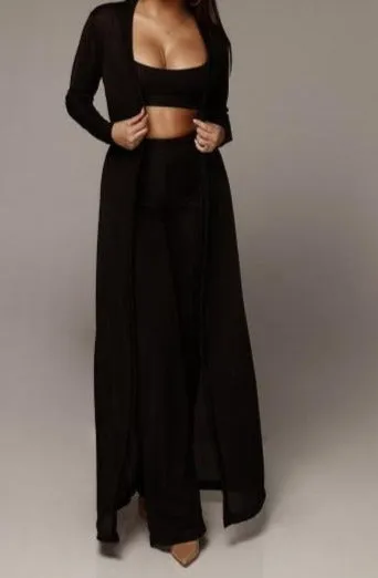 Bandage Long Sleeve Cardigan Coat Loose Wide Leg Pants