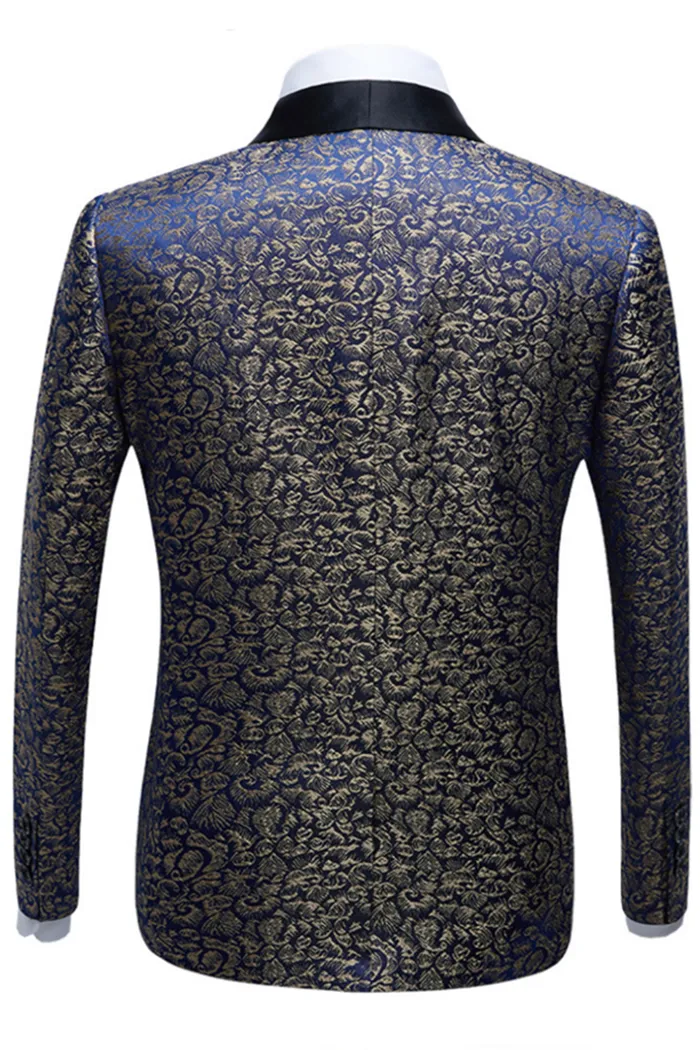 Bespoke Black Satin Shawl Lapel Wedding Tuxedos Gold Jacquard Blue Men Suits for Prom