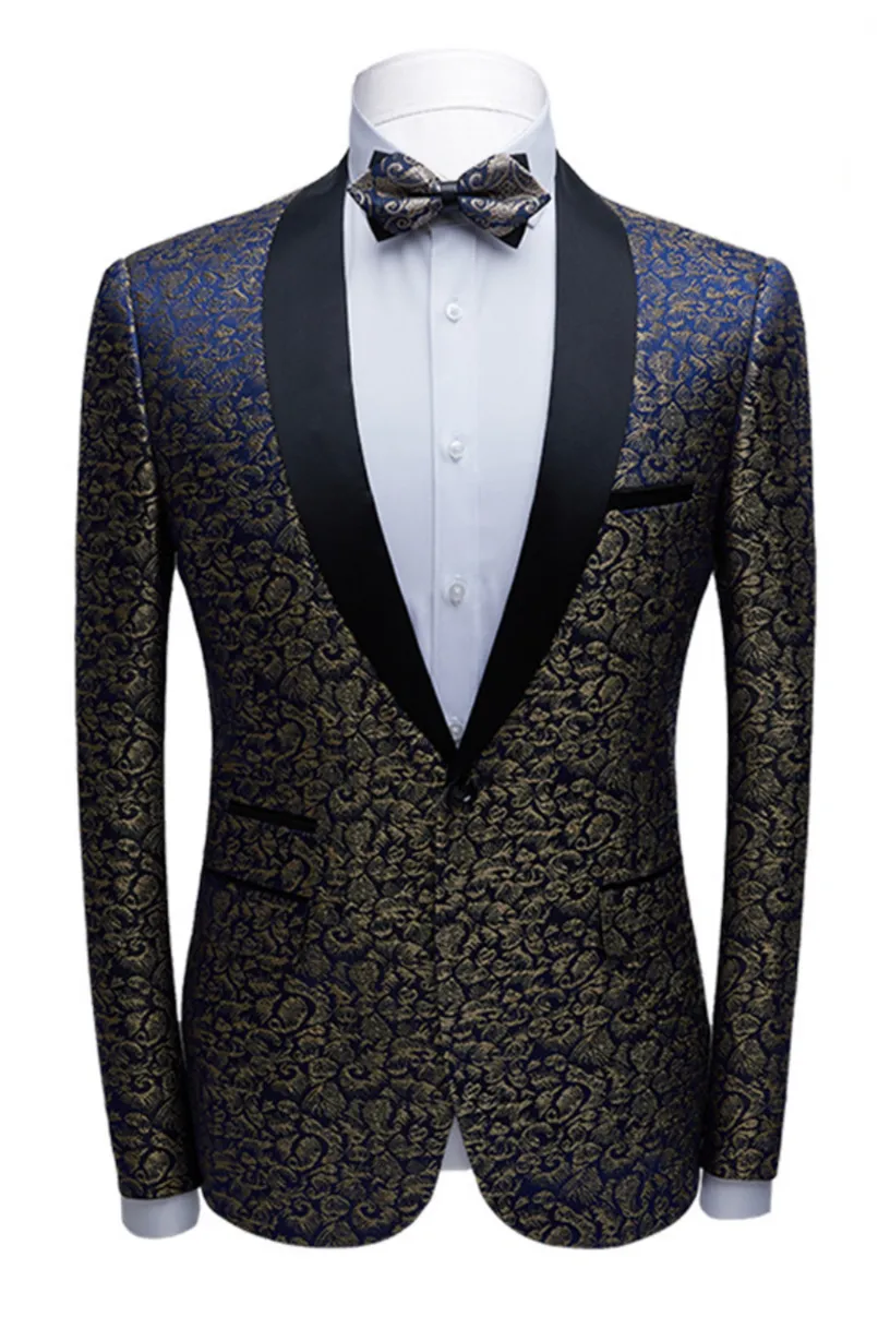 Bespoke Black Satin Shawl Lapel Wedding Tuxedos Gold Jacquard Blue Men Suits for Prom