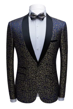 Bespoke Black Satin Shawl Lapel Wedding Tuxedos Gold Jacquard Blue Men Suits for Prom