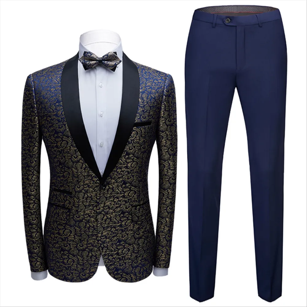 Bespoke Black Satin Shawl Lapel Wedding Tuxedos Gold Jacquard Blue Men Suits for Prom