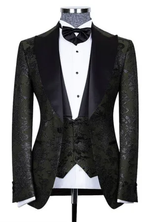 Bespoke Black Three Pieces Jacquard Peaked Lapel Wedding Groom Suits
