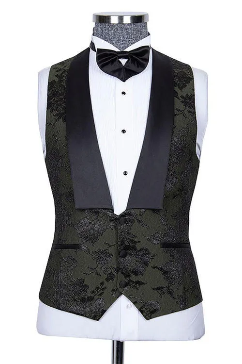 Bespoke Black Three Pieces Jacquard Peaked Lapel Wedding Groom Suits