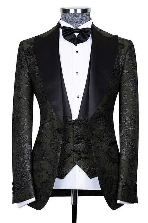 Bespoke Black Three Pieces Jacquard Peaked Lapel Wedding Groom Suits