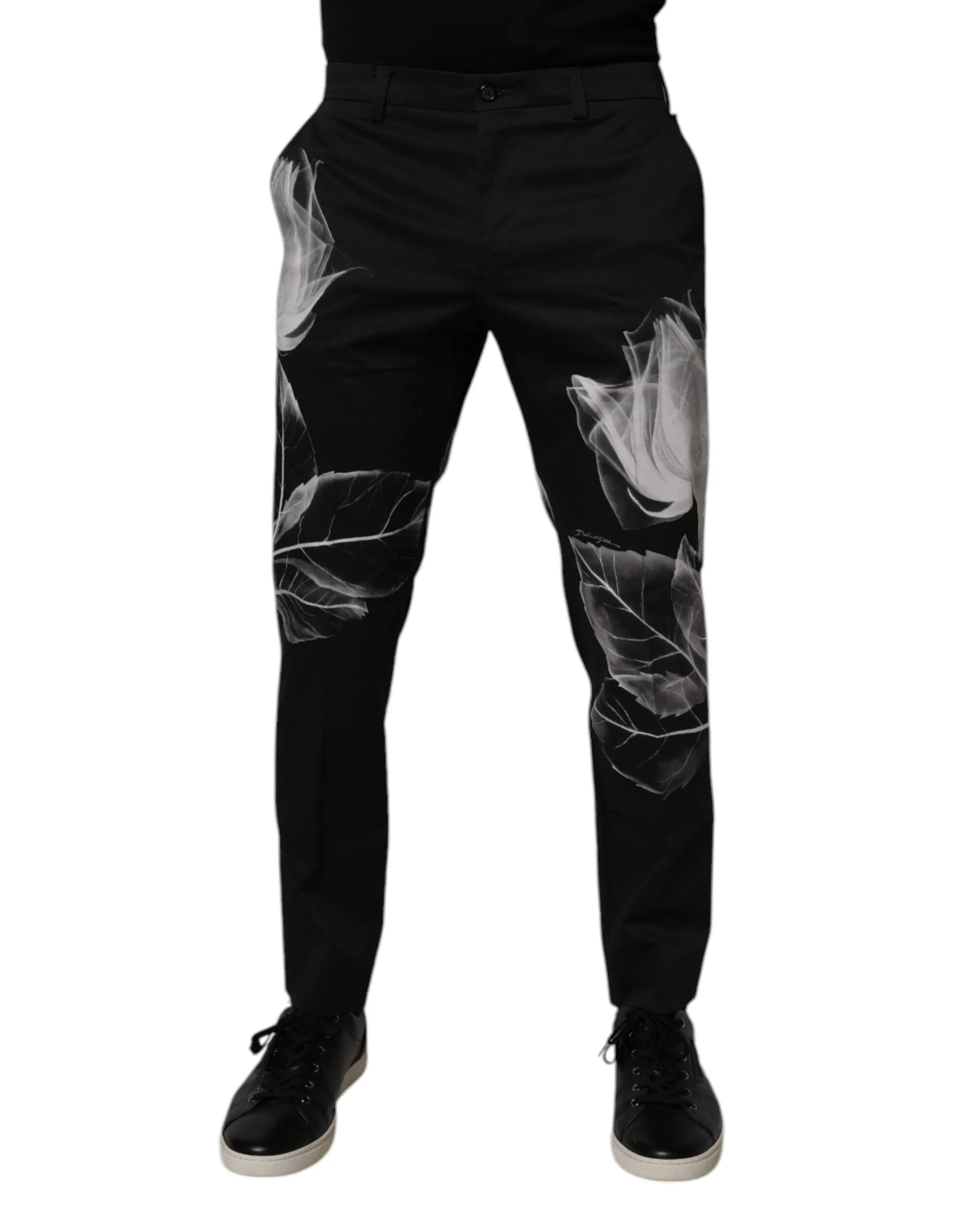 Black Cotton Floral Skinny Dress Pants