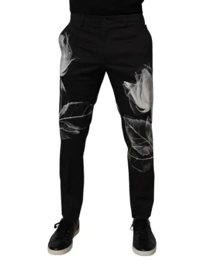 Black Cotton Floral Skinny Dress Pants