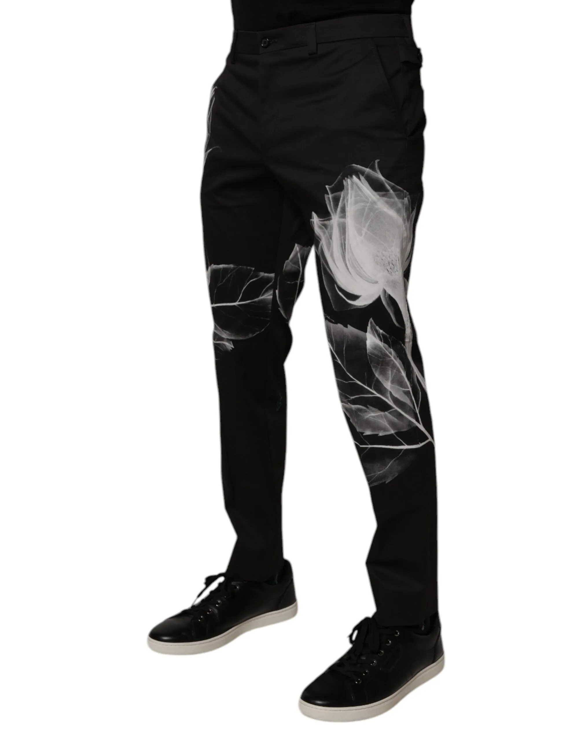 Black Cotton Floral Skinny Dress Pants