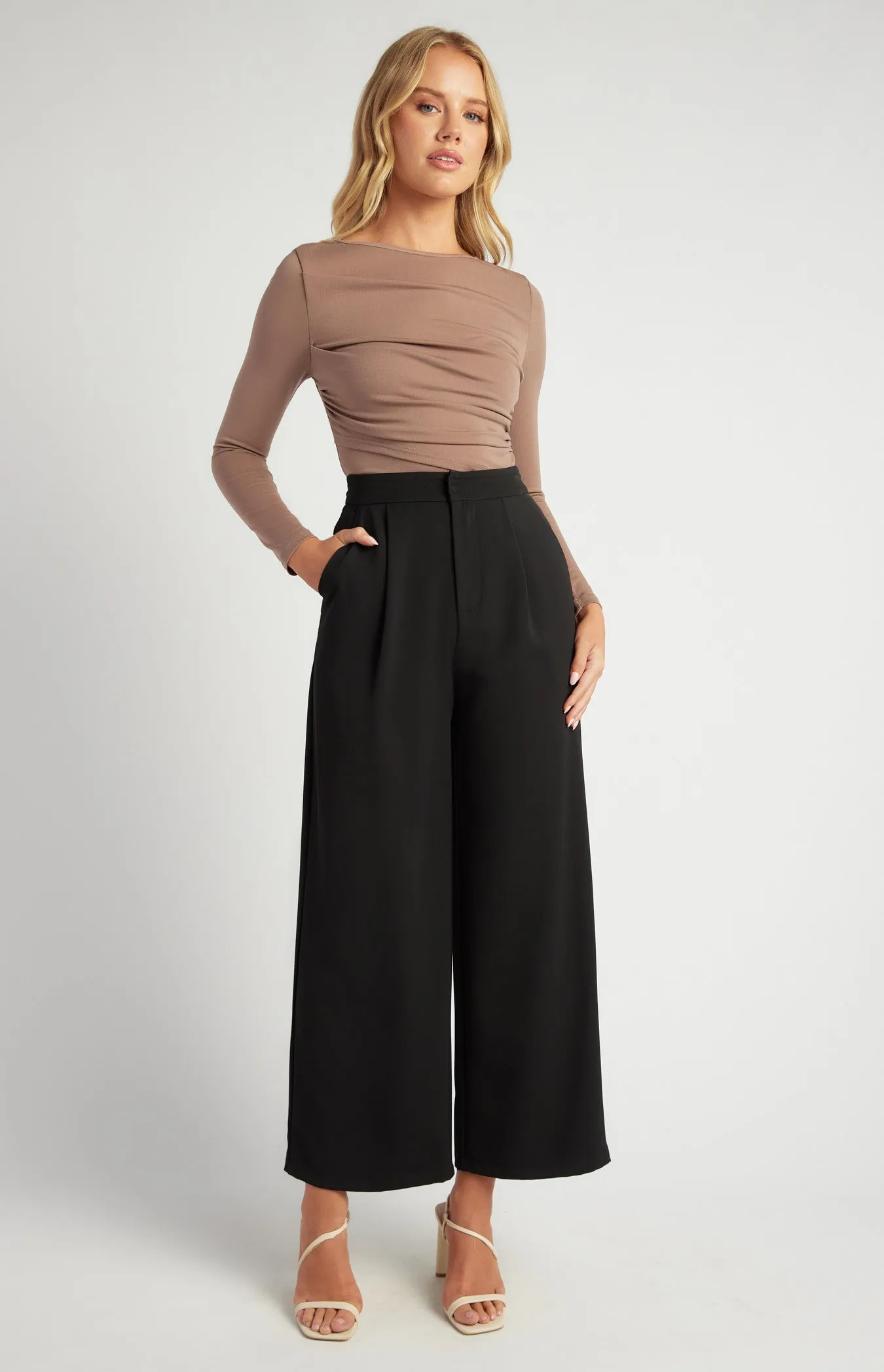 Black High Waisted Tailored Topstitch Detail Wide Leg Pants