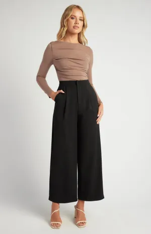 Black High Waisted Tailored Topstitch Detail Wide Leg Pants