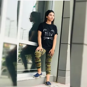 Black Meow Cotton Printed T-shirt For Womens