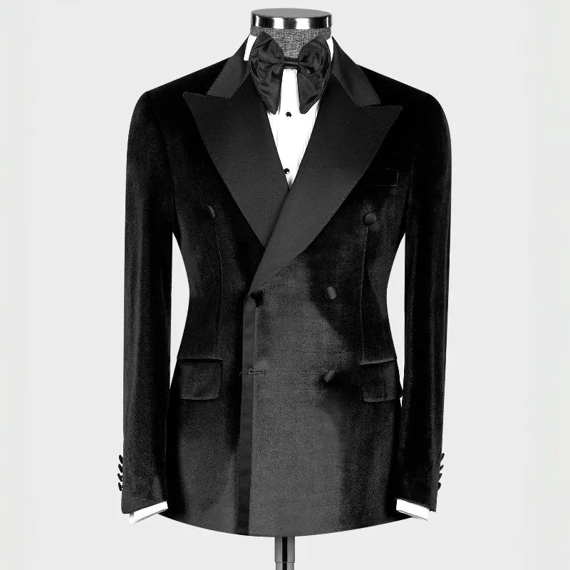 Black Peaked Lapel Double Breasted Velvet Prom Suits Wedding Suit for Groom