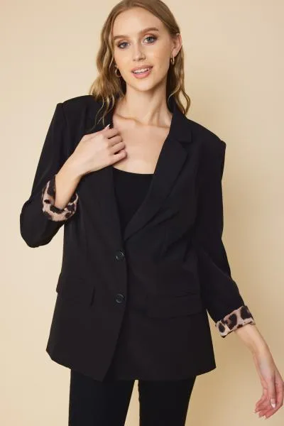 Blazer with Pockets and Leopard Lining - Black -