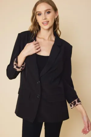 Blazer with Pockets and Leopard Lining - Black -