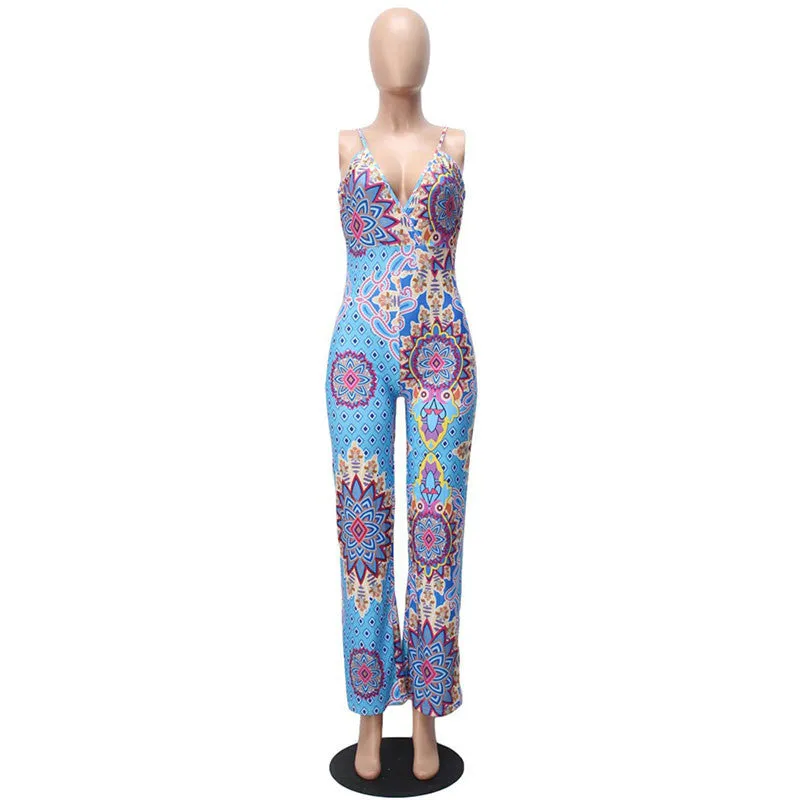 Bohemian Printed Deep V-neck Vintage Elegant Jumpsuit Long Pants Bodysuit