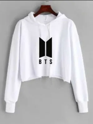 BTS White Croped Pullover Hoodie For Women Long Sleeve