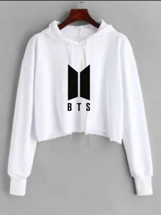 BTS White Croped Pullover Hoodie For Women Long Sleeve