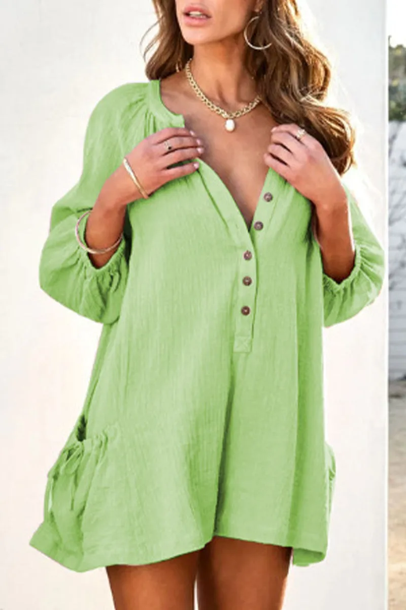 Casual Simplicity Solid Pocket V Neck Loose Jumpsuits