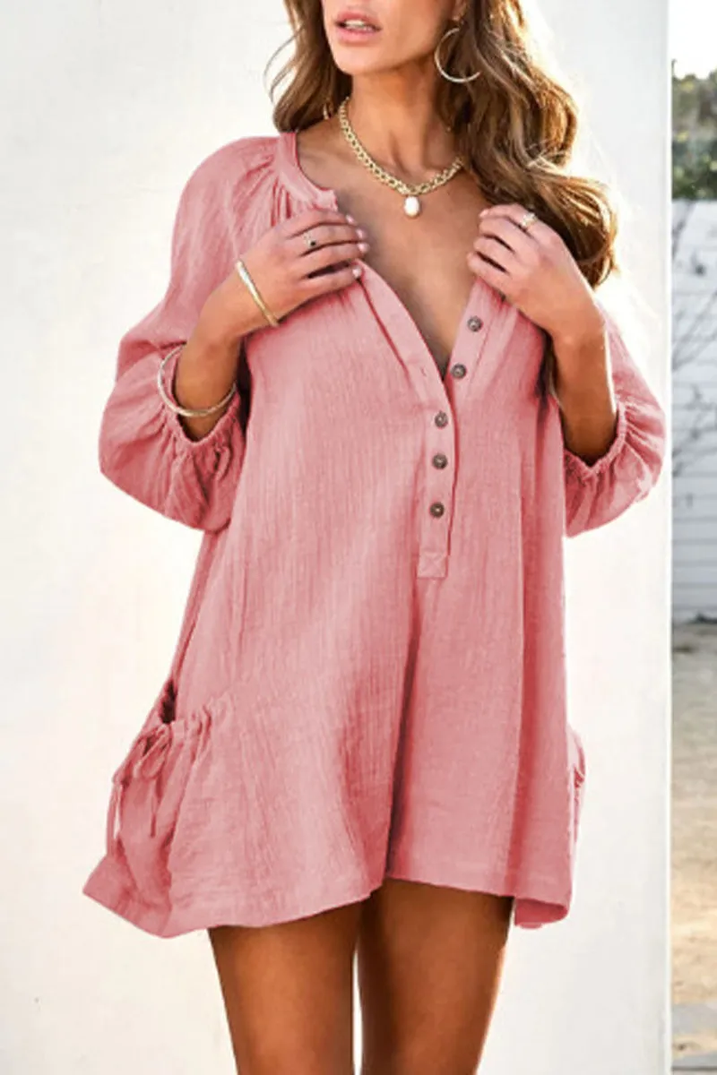 Casual Simplicity Solid Pocket V Neck Loose Jumpsuits